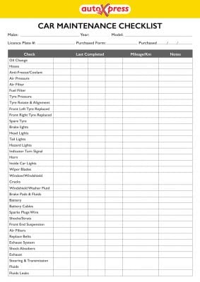 car maintenance checklist spreadsheet